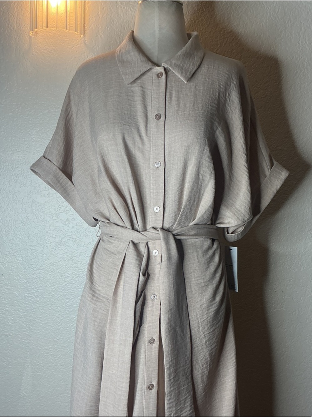 Dkny Taupe Button-Front Midi Shirt Dress with Self Tie Belt